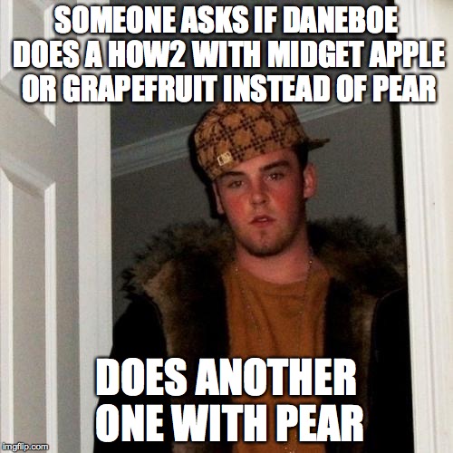 Scumbag Annoying Orange | SOMEONE ASKS IF DANEBOE DOES A HOW2 WITH MIDGET APPLE OR GRAPEFRUIT INSTEAD OF PEAR; DOES ANOTHER ONE WITH PEAR | image tagged in memes,scumbag steve | made w/ Imgflip meme maker