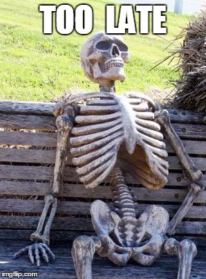 Waiting Skeleton Meme | TOO  LATE | image tagged in memes,waiting skeleton | made w/ Imgflip meme maker