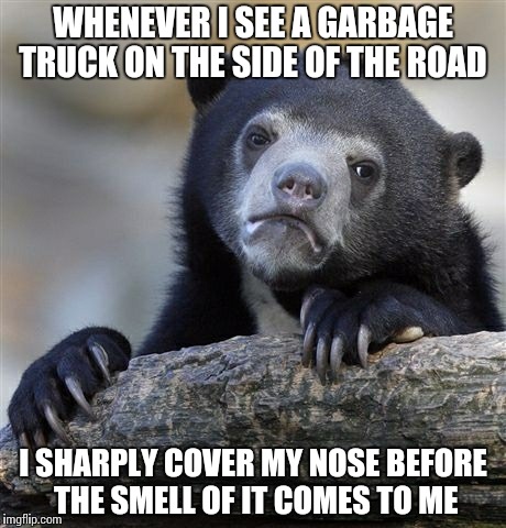 Confession Bear Meme | WHENEVER I SEE A GARBAGE TRUCK ON THE SIDE OF THE ROAD; I SHARPLY COVER MY NOSE BEFORE THE SMELL OF IT COMES TO ME | image tagged in memes,confession bear | made w/ Imgflip meme maker