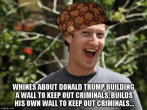 Zuckerberg | WHINES ABOUT DONALD TRUMP BUILDING A WALL TO KEEP OUT CRIMINALS, BUILDS HIS OWN WALL TO KEEP OUT CRIMINALS... | image tagged in zuckerberg,scumbag | made w/ Imgflip meme maker