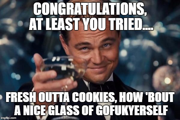 Leonardo Dicaprio Cheers | CONGRATULATIONS, AT LEAST YOU TRIED.... FRESH OUTTA COOKIES, HOW 'BOUT A NICE GLASS OF GOFUKYERSELF | image tagged in memes,leonardo dicaprio cheers | made w/ Imgflip meme maker