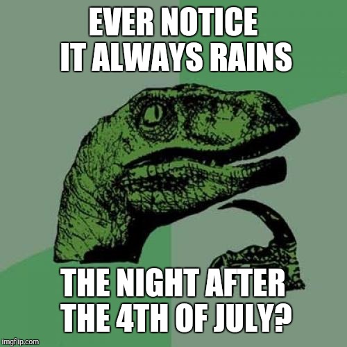 Philosoraptor | EVER NOTICE IT ALWAYS RAINS; THE NIGHT AFTER THE 4TH OF JULY? | image tagged in memes,philosoraptor | made w/ Imgflip meme maker