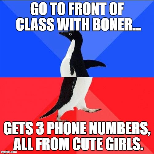 Socially Awkward Awesome Penguin Meme | GO TO FRONT OF CLASS WITH BONER... GETS 3 PHONE NUMBERS, ALL FROM CUTE GIRLS. | image tagged in memes,socially awkward awesome penguin | made w/ Imgflip meme maker