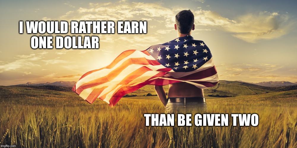 Patriotic | I WOULD RATHER EARN     ONE DOLLAR; THAN BE GIVEN TWO | image tagged in patriotic | made w/ Imgflip meme maker
