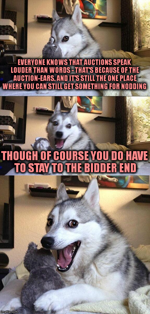 Bad Pun Dog | EVERYONE KNOWS THAT AUCTIONS SPEAK LOUDER THAN WORDS - THAT'S BECAUSE OF THE AUCTION-EARS. AND IT'S STILL THE ONE PLACE WHERE YOU CAN STILL GET SOMETHING FOR NODDING; THOUGH OF COURSE YOU DO HAVE TO STAY TO THE BIDDER END | image tagged in memes,bad pun dog | made w/ Imgflip meme maker