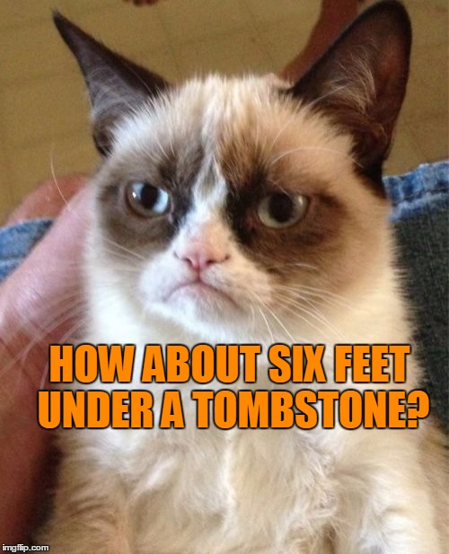 Grumpy Cat Meme | HOW ABOUT SIX FEET UNDER A TOMBSTONE? | image tagged in memes,grumpy cat | made w/ Imgflip meme maker