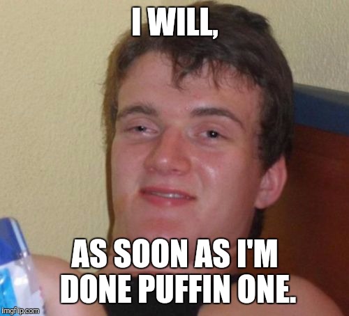 10 Guy Meme | I WILL, AS SOON AS I'M DONE PUFFIN ONE. | image tagged in memes,10 guy | made w/ Imgflip meme maker