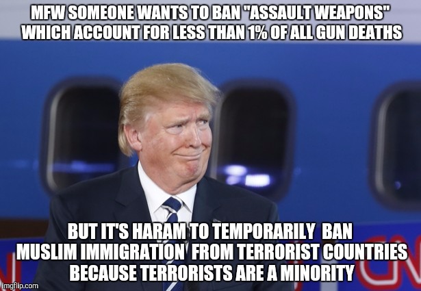 Dumbfounded Donald | MFW SOMEONE WANTS TO BAN "ASSAULT WEAPONS" WHICH ACCOUNT FOR LESS THAN 1% OF ALL GUN DEATHS; BUT IT'S HARAM TO TEMPORARILY  BAN MUSLIM IMMIGRATION  FROM TERRORIST COUNTRIES BECAUSE TERRORISTS ARE A MINORITY | image tagged in dumbfounded donald,The_Donald | made w/ Imgflip meme maker