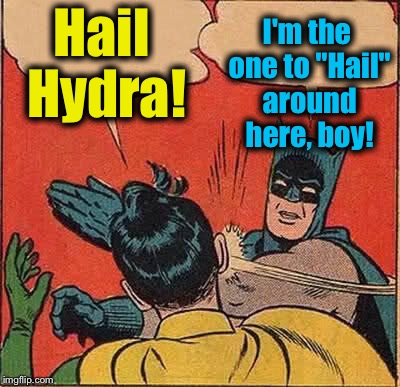 Batman Slapping Robin | Hail Hydra! I'm the one to "Hail" around here, boy! | image tagged in memes,batman slapping robin,funny,evilmandoevil | made w/ Imgflip meme maker