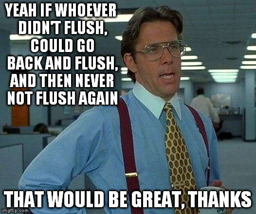That Would Be Great | YEAH IF WHOEVER DIDN'T FLUSH, COULD GO BACK AND FLUSH, AND THEN NEVER NOT FLUSH AGAIN; THAT WOULD BE GREAT, THANKS | image tagged in memes,that would be great,toilet humor | made w/ Imgflip meme maker