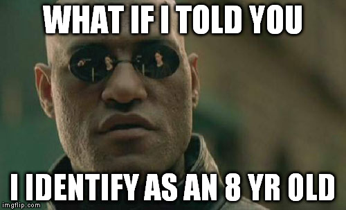 Matrix Morpheus Meme | WHAT IF I TOLD YOU I IDENTIFY AS AN 8 YR OLD | image tagged in memes,matrix morpheus | made w/ Imgflip meme maker