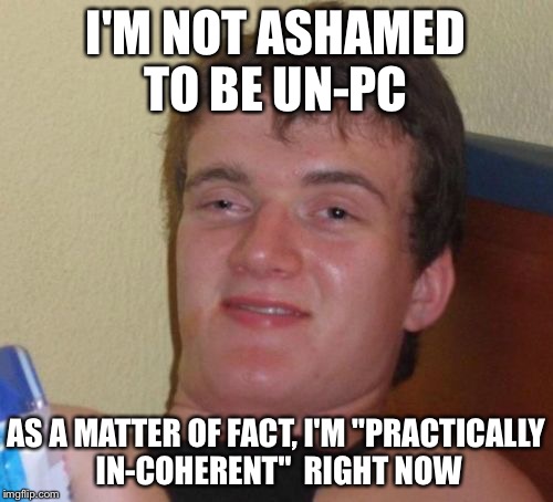10 Sense Less! | I'M NOT ASHAMED TO BE UN-PC; AS A MATTER OF FACT, I'M "PRACTICALLY IN-COHERENT"  RIGHT NOW | image tagged in memes,10 guy | made w/ Imgflip meme maker
