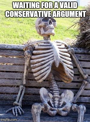 Waiting Skeleton | WAITING FOR A VALID CONSERVATIVE ARGUMENT | image tagged in memes,waiting skeleton | made w/ Imgflip meme maker
