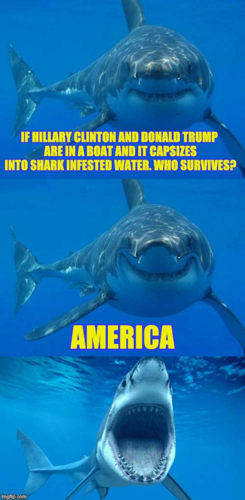 A shark week redo  | IF HILLARY CLINTON AND DONALD TRUMP ARE IN A BOAT AND IT CAPSIZES INTO SHARK INFESTED WATER. WHO SURVIVES? AMERICA | image tagged in bad shark pun,hillery clinton,donald trump,funny meme,joke,politics | made w/ Imgflip meme maker