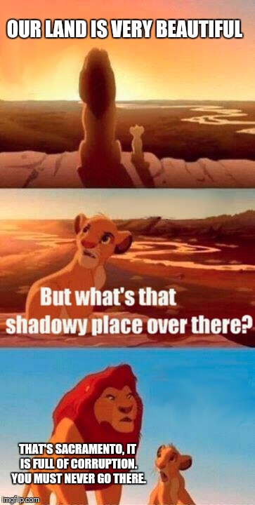 Simba Shadowy Place | OUR LAND IS VERY BEAUTIFUL; THAT'S SACRAMENTO, IT IS FULL OF CORRUPTION. YOU MUST NEVER GO THERE. | image tagged in memes,simba shadowy place | made w/ Imgflip meme maker