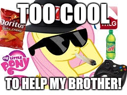 MLG Pony | TOO COOL; TO HELP MY BROTHER! | image tagged in mlg pony | made w/ Imgflip meme maker