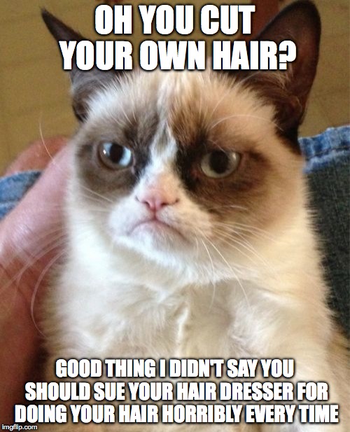Grumpy Cat Meme | OH YOU CUT YOUR OWN HAIR? GOOD THING I DIDN'T SAY YOU SHOULD SUE YOUR HAIR DRESSER FOR DOING YOUR HAIR HORRIBLY EVERY TIME | image tagged in memes,grumpy cat | made w/ Imgflip meme maker