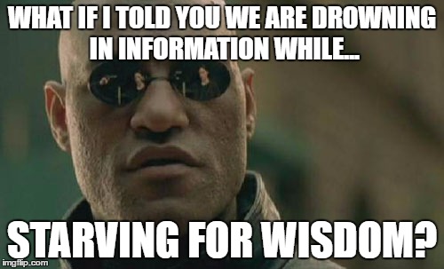 Matrix Morpheus | WHAT IF I TOLD YOU WE ARE DROWNING IN INFORMATION WHILE... STARVING FOR WISDOM? | image tagged in memes,matrix morpheus | made w/ Imgflip meme maker