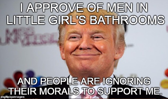 I APPROVE OF MEN IN LITTLE GIRL'S BATHROOMS; AND PEOPLE ARE IGNORING THEIR MORALS TO SUPPORT ME. | image tagged in nevertrump | made w/ Imgflip meme maker