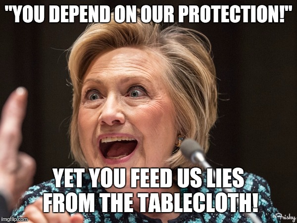 Pretty self explanitory... | "YOU DEPEND ON OUR PROTECTION!"; YET YOU FEED US LIES FROM THE TABLECLOTH! | image tagged in memes,funny | made w/ Imgflip meme maker