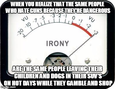 Irony Meter | WHEN YOU REALIZE THAT THE SAME PEOPLE WHO HATE GUNS BECAUSE THEY'RE DANGEROUS; ARE THE SAME PEOPLE LEAVING THEIR CHILDREN AND DOGS IN THEIR SUV'S ON HOT DAYS WHILE THEY GAMBLE AND SHOP | image tagged in irony meter | made w/ Imgflip meme maker