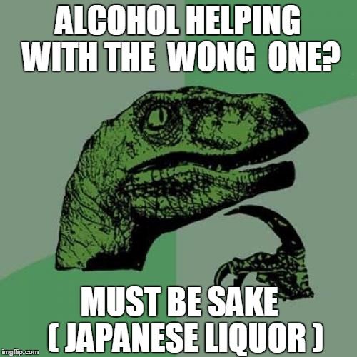 Philosoraptor Meme | ALCOHOL HELPING WITH THE  WONG  ONE? MUST BE SAKE  ( JAPANESE LIQUOR ) | image tagged in memes,philosoraptor | made w/ Imgflip meme maker