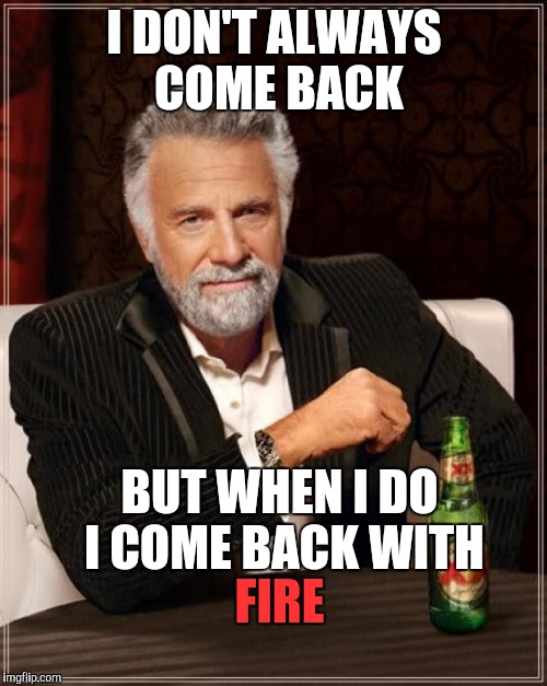 The Most Interesting Man In The World Meme | I DON'T ALWAYS COME BACK; BUT WHEN I DO I COME BACK WITH; FIRE | image tagged in memes,the most interesting man in the world | made w/ Imgflip meme maker