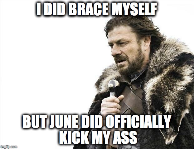 Brace Yourselves X is Coming Meme | I DID BRACE MYSELF; BUT JUNE DID OFFICIALLY KICK MY ASS | image tagged in memes,brace yourselves x is coming | made w/ Imgflip meme maker
