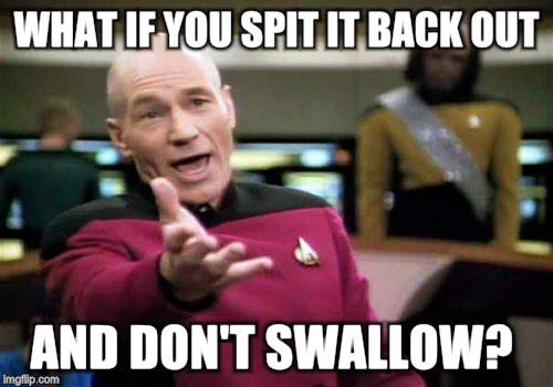 Picard Wtf Meme | WHAT IF YOU SPIT IT BACK OUT AND DON'T SWALLOW? | image tagged in memes,picard wtf | made w/ Imgflip meme maker