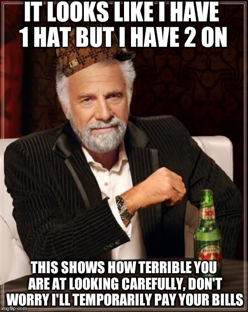 The Most Interesting Man In The World | IT LOOKS LIKE I HAVE 1 HAT BUT I HAVE 2 ON; THIS SHOWS HOW TERRIBLE YOU ARE AT LOOKING CAREFULLY, DON'T WORRY I'LL TEMPORARILY PAY YOUR BILLS | image tagged in memes,the most interesting man in the world,scumbag | made w/ Imgflip meme maker
