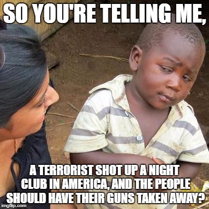 Third World Skeptical Kid Meme | SO YOU'RE TELLING ME, A TERRORIST SHOT UP A NIGHT CLUB IN AMERICA, AND THE PEOPLE SHOULD HAVE THEIR GUNS TAKEN AWAY? | image tagged in memes,third world skeptical kid | made w/ Imgflip meme maker