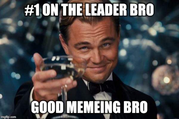 Leonardo Dicaprio Cheers Meme | #1 ON THE LEADER BRO GOOD MEMEING BRO | image tagged in memes,leonardo dicaprio cheers | made w/ Imgflip meme maker