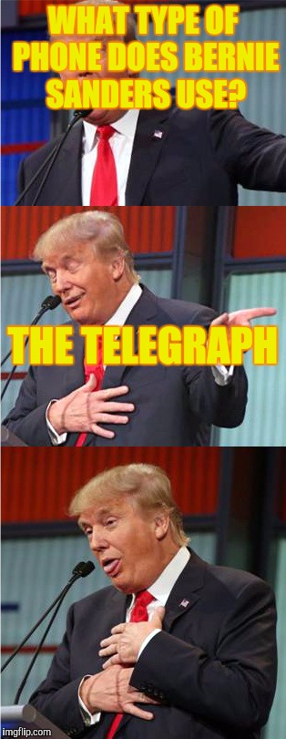 Bad Pun Trump | WHAT TYPE OF PHONE DOES BERNIE SANDERS USE? THE TELEGRAPH | image tagged in bad pun trump | made w/ Imgflip meme maker