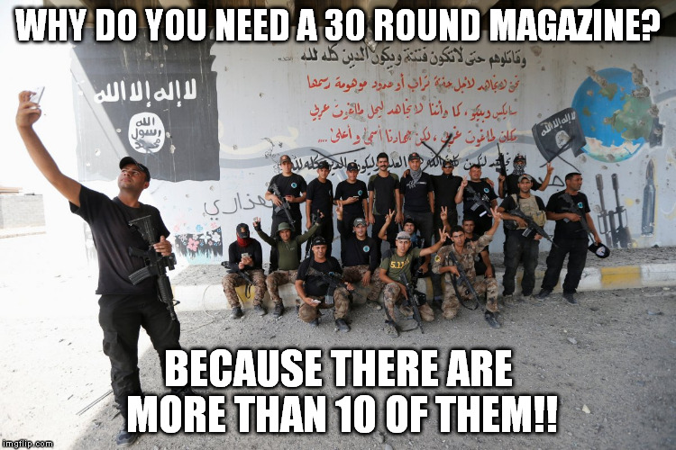 Why a 30 round mag? This is why!  | WHY DO YOU NEED A 30 ROUND MAGAZINE? BECAUSE THERE ARE MORE THAN 10 OF THEM!! | image tagged in isis fighters,terrorists,nra,gun control | made w/ Imgflip meme maker