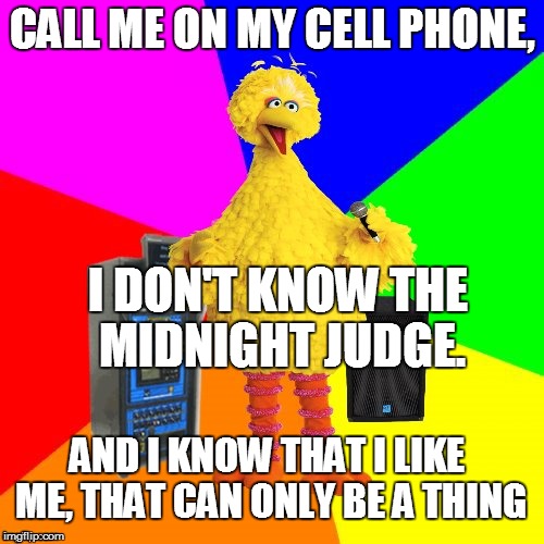 Big Bird Hotline Bling | CALL ME ON MY CELL PHONE, I DON'T KNOW THE MIDNIGHT JUDGE. AND I KNOW THAT I LIKE ME, THAT CAN ONLY BE A THING | image tagged in wrong lyrics karaoke big bird,hotline bling | made w/ Imgflip meme maker
