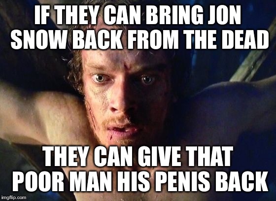 Theon torture | IF THEY CAN BRING JON SNOW BACK FROM THE DEAD; THEY CAN GIVE THAT POOR MAN HIS PENIS BACK | image tagged in theon torture,aSongOfMemesAndRage | made w/ Imgflip meme maker