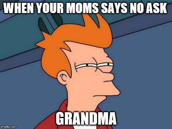 Futurama Fry | WHEN YOUR MOMS SAYS NO ASK; GRANDMA | image tagged in memes,futurama fry | made w/ Imgflip meme maker