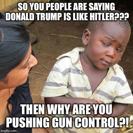 Third World Skeptical Kid | SO YOU PEOPLE ARE SAYING DONALD TRUMP IS LIKE HITLER??? THEN WHY ARE YOU PUSHING GUN CONTROL?! | image tagged in memes,third world skeptical kid | made w/ Imgflip meme maker
