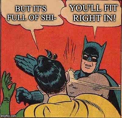 Batman Slapping Robin Meme | BUT IT'S FULL OF SHI- YOU'LL FIT RIGHT IN! | image tagged in memes,batman slapping robin | made w/ Imgflip meme maker