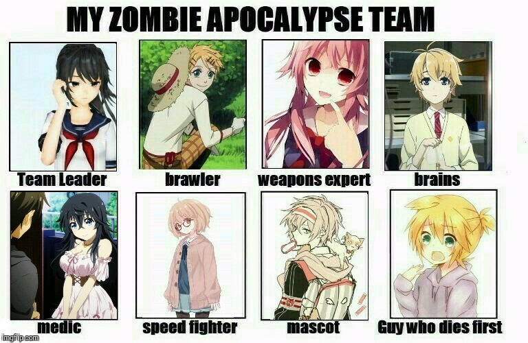 I know this meme is practically dead now, but this was so fun to make, so whatever | image tagged in my zombie apocalypse team,anime,memes | made w/ Imgflip meme maker