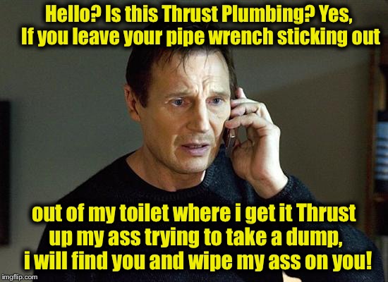 Liam Neeson Taken 2 Meme | Hello? Is this Thrust Plumbing? Yes, If you leave your pipe wrench sticking out; out of my toilet where i get it Thrust up my ass trying to take a dump,  i will find you and wipe my ass on you! | image tagged in memes,liam neeson taken 2,funny,evilmandoevil | made w/ Imgflip meme maker