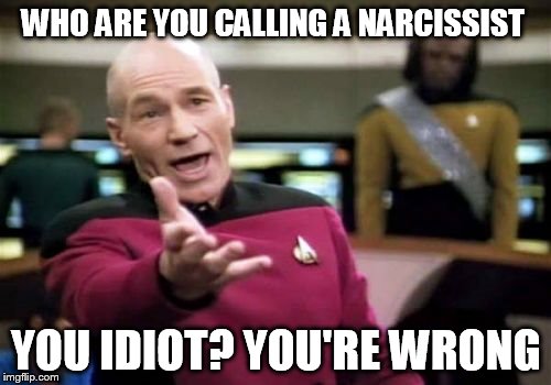 Picard Wtf Meme | WHO ARE YOU CALLING A NARCISSIST YOU IDIOT? YOU'RE WRONG | image tagged in memes,picard wtf | made w/ Imgflip meme maker