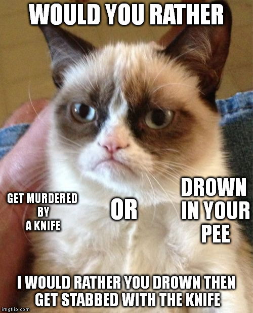 Grumpy Cat | WOULD YOU RATHER; DROWN IN YOUR PEE; GET MURDERED BY A KNIFE; OR; I WOULD RATHER YOU DROWN THEN GET STABBED WITH THE KNIFE | image tagged in memes,grumpy cat | made w/ Imgflip meme maker