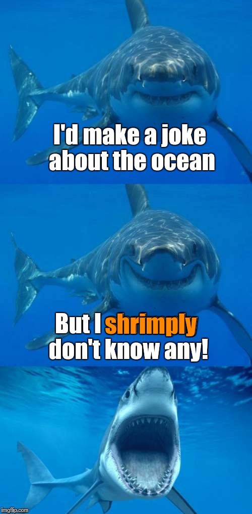 'Simply' | I'd make a joke about the ocean; shrimply; But I shrimply don't know any! | image tagged in bad shark pun,trhtimmy,memes,bad pun | made w/ Imgflip meme maker