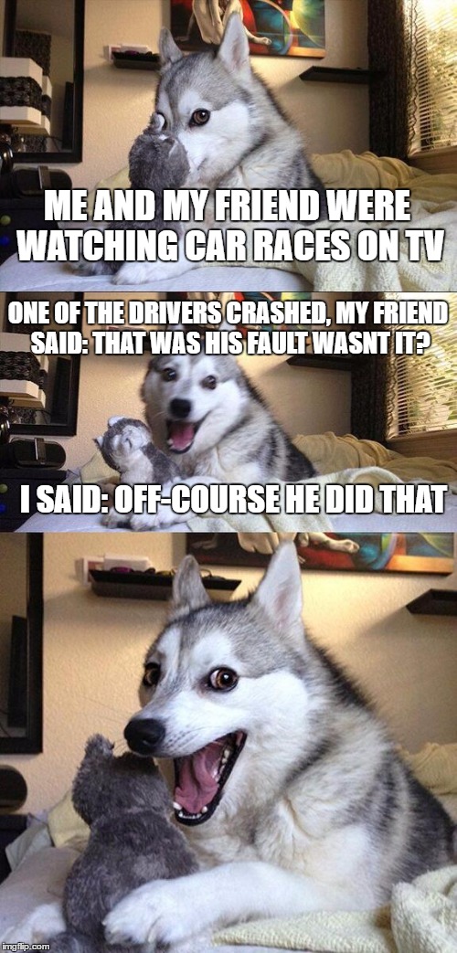 Bad Pun Dog Meme | ME AND MY FRIEND WERE WATCHING CAR RACES ON TV; ONE OF THE DRIVERS CRASHED, MY FRIEND SAID: THAT WAS HIS FAULT WASNT IT? I SAID: OFF-COURSE HE DID THAT | image tagged in memes,bad pun dog | made w/ Imgflip meme maker