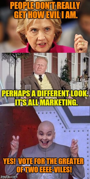 Marketing  101 | PEOPLE DON'T REALLY GET HOW EVIL I AM. PERHAPS A DIFFERENT LOOK.  IT'S ALL MARKETING. YES!  VOTE FOR THE GREATER OF TWO EEEE-VILES! | image tagged in dr evil laser | made w/ Imgflip meme maker