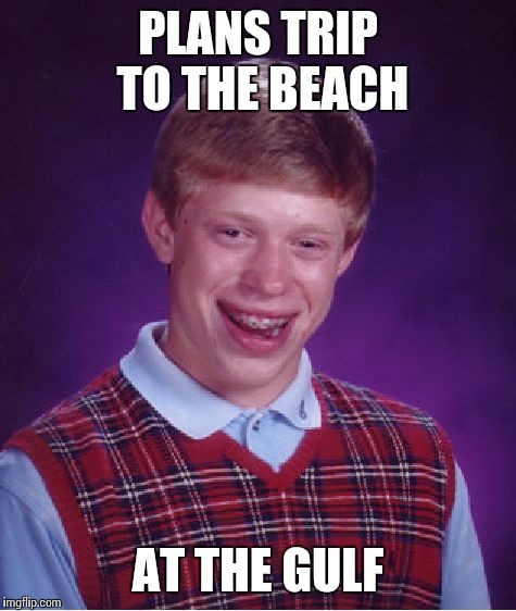 Watch 4 algae brian | PLANS TRIP TO THE BEACH; AT THE GULF | image tagged in memes,bad luck brian | made w/ Imgflip meme maker