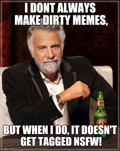 The Most Interesting Man In The World Meme | I DONT ALWAYS MAKE DIRTY MEMES, BUT WHEN I DO, IT DOESN'T GET TAGGED NSFW! | image tagged in memes,the most interesting man in the world | made w/ Imgflip meme maker