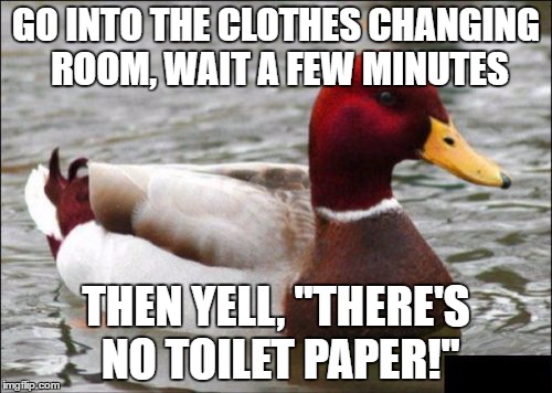 Malicious Advice Mallard Meme | GO INTO THE CLOTHES CHANGING ROOM, WAIT A FEW MINUTES; THEN YELL, "THERE'S NO TOILET PAPER!" | image tagged in memes,malicious advice mallard | made w/ Imgflip meme maker