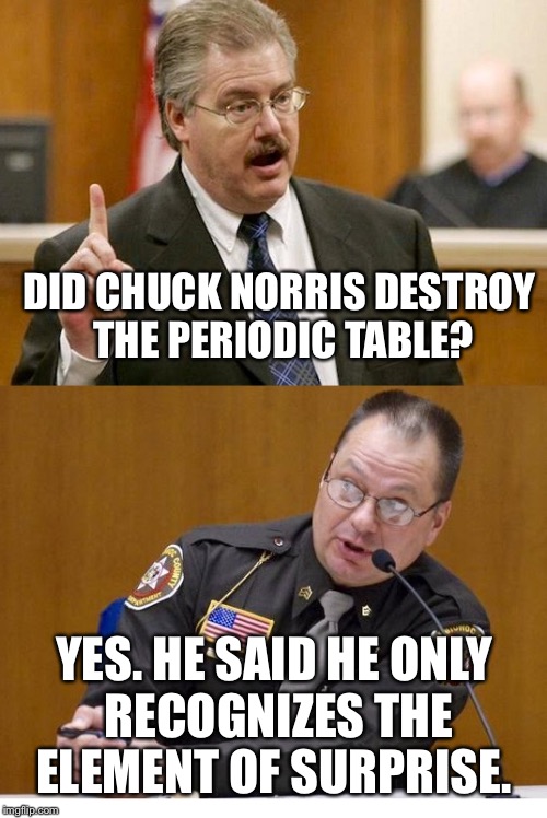 Were You Aware | DID CHUCK NORRIS DESTROY THE PERIODIC TABLE? YES. HE SAID HE ONLY RECOGNIZES THE ELEMENT OF SURPRISE. | image tagged in were you aware | made w/ Imgflip meme maker